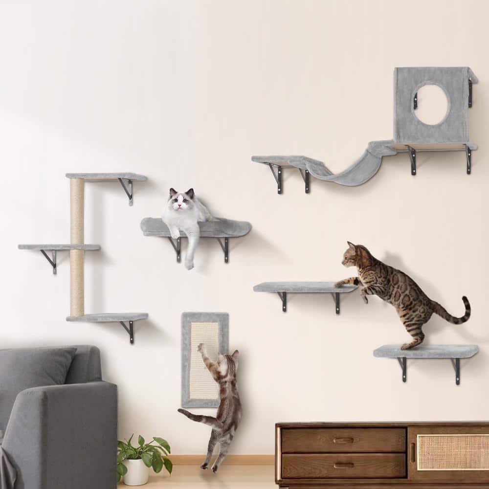 Gray Pine and Metal Wall Mounted Cat Shelves Set