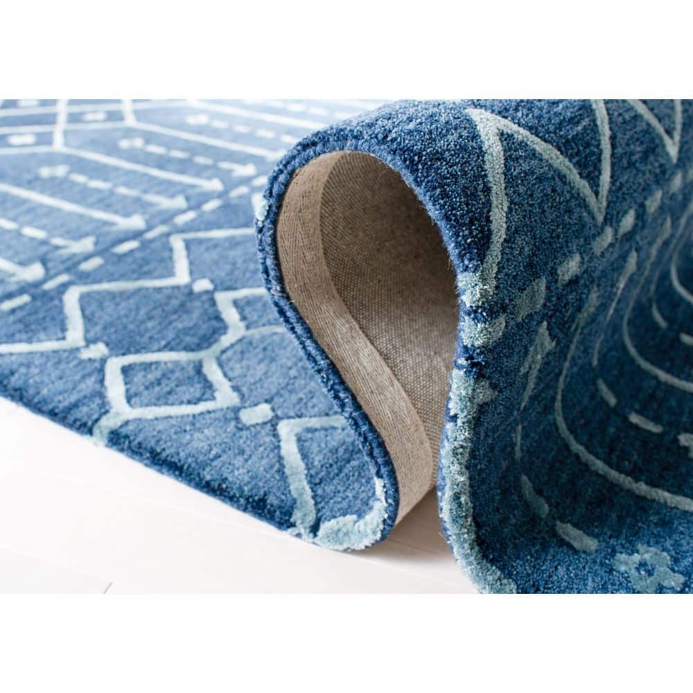 Handmade Navy and Silver Wool Geometric Runner Rug