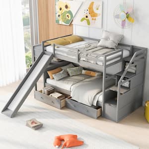 Gray Twin Over Twin Bunk Bed with Storage Staircase, Slide and Drawers, Desk with Drawers and Shelves