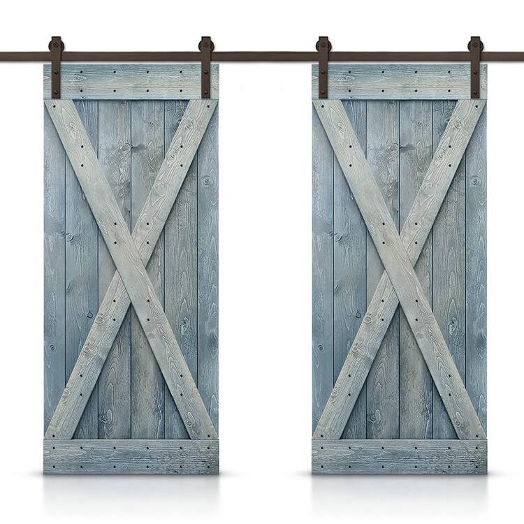 CALHOME X 68 in. x 84 in. Denim Blue Stained DIY Solid Pine Wood Interior Double Sliding Barn Door with Hardware Kit