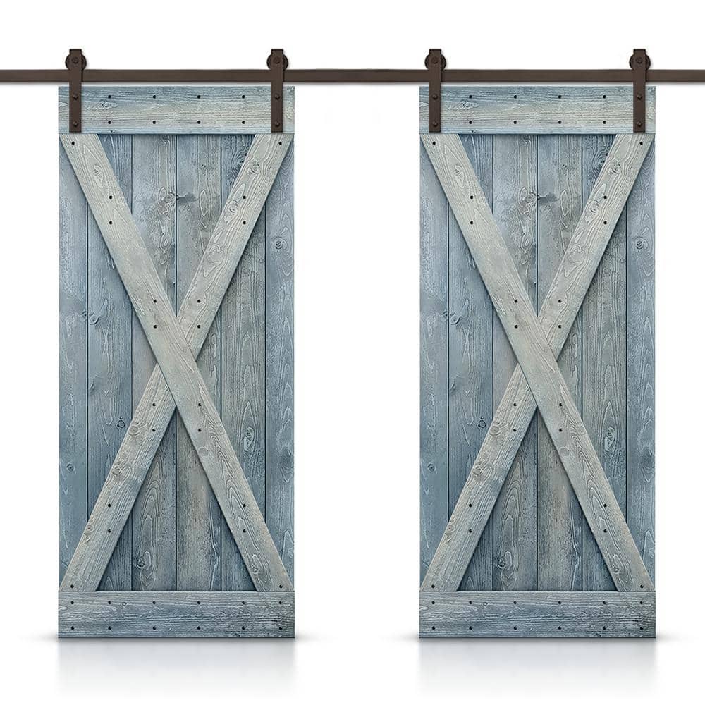 X 80 in. x 84 in. Denim Blue Stained DIY Solid Pine Wood Interior Double Sliding Barn Door with Hardware Kit price history on PriceWatchPro