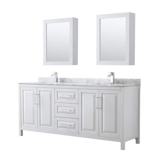 Wyndham Collection Daria 80 in. Double Bathroom Vanity in White with Marble Vanity Top in Carrara White and Medicine Cabinets