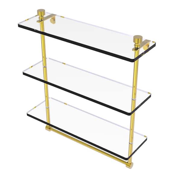 Allied Brass Foxtrot 16 in. x 5 in. x 18 in. Triple Tiered Unlacquered Brass Glass Shelf with Integrated Towel Bar