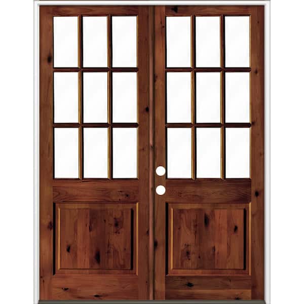 Krosswood Doors 72 in. x 96 in. Craftsman Knotty Alder Wood Clear 9-Lite Red Chestnut Stain Right Active Double Prehung Front Door