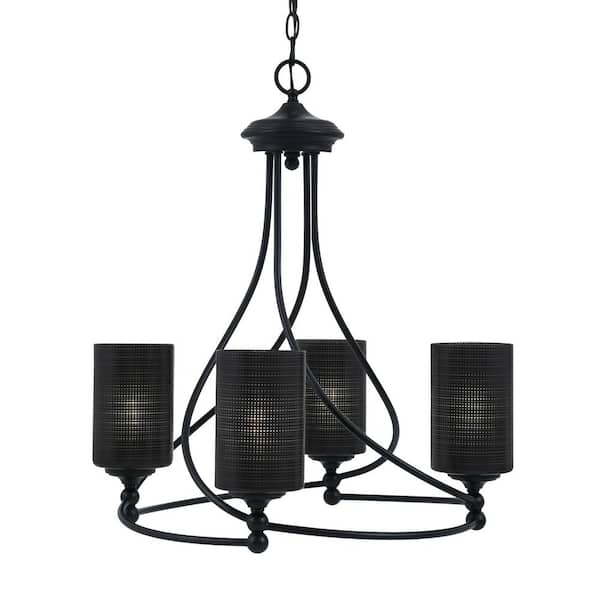 Unbranded Royale 4-Light Matte Black Chandelier, Round Chandelier with 4 in. Black Matrix Glass Shades, No bulbs included