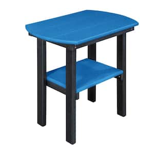 Poly Black Plastic Resin Oval Outdoor Side Table with Blue Shelves