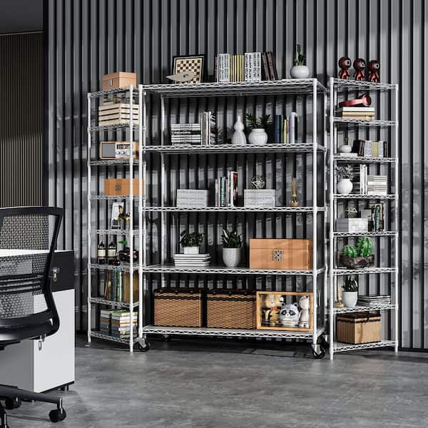 Tileon 5 Tier 6000lbs Heavy Duty Adjustable Storage Rack, Metal Shelf Wire Shelving Unit with Wheels and Shelf Liners in White
