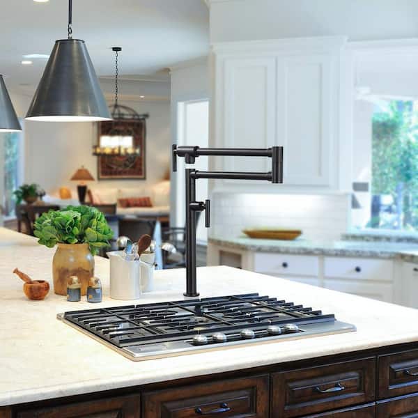 Deck Mounted Pot Filler Kitchen Faucet with Double Handle in Matte Black