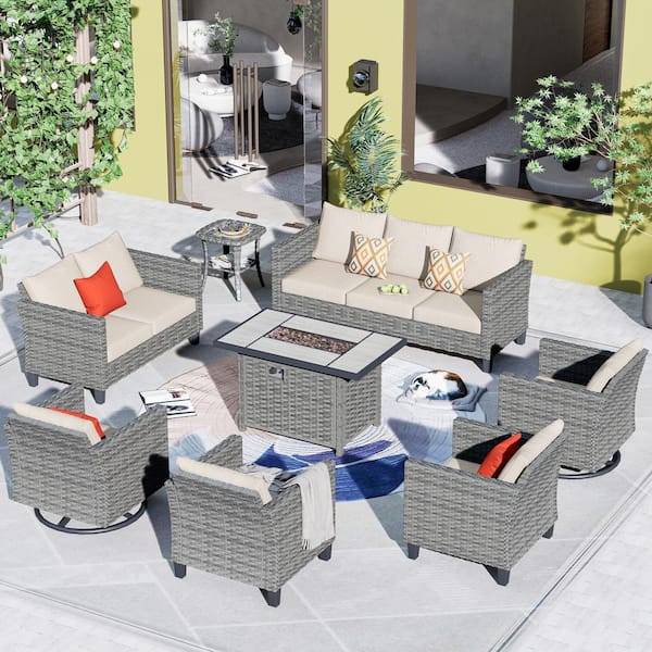 OVIOS New Star Gray 8-Piece Wicker Patio Rectangle Fire Pit Conversation Seating Set with Beige Cushions and Swivel Chairs