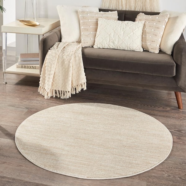 Essentials 4 ft. x 4 ft. Ivory Beige Round Solid Contemporary Indoor/Outdoor Patio Area Rug