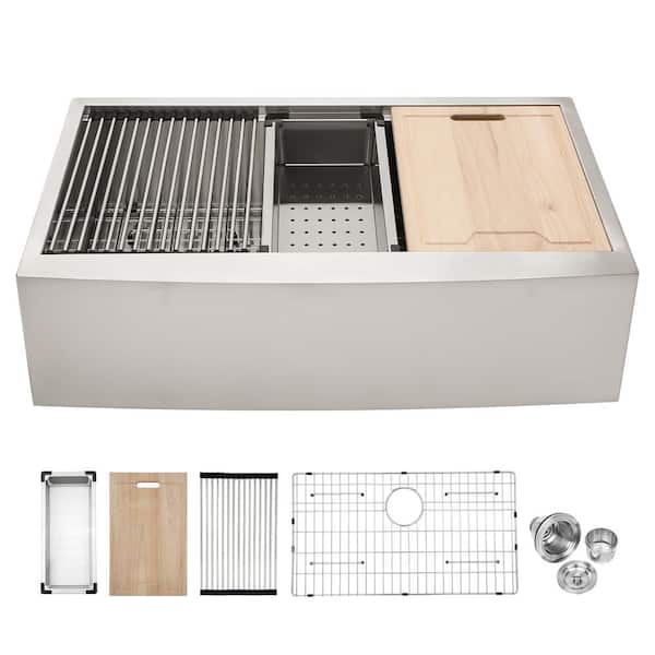 Unbranded Brushed Nickel Stainless Steel 33 in. x 21 in. Single Bowl Farmhouse Apron Undermount Kitchen Sink with Bottom Grid