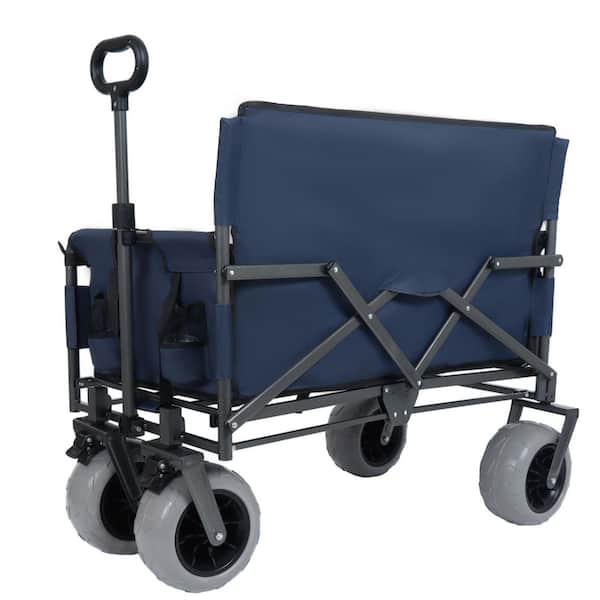 3 cu. ft. Dark Blue Steel Foldable Wagon Garden Cart with Bench Seat and Rear-Mounted Folding Tabletop