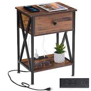 Nightstand with Charging Station, Wooden Nightstand, Metal Frame Bedside Table with USB Ports and Power Outlet, Brown