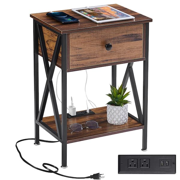 VECELO Nightstand with Charging Station, Wooden Nightstand, Metal Frame Bedside Table with USB Ports and Power Outlet, Brown
