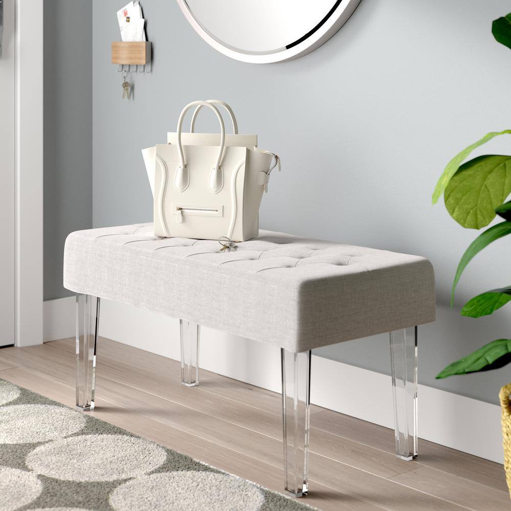 Ella White Tufted Linen Bench with Acrylic Legs
