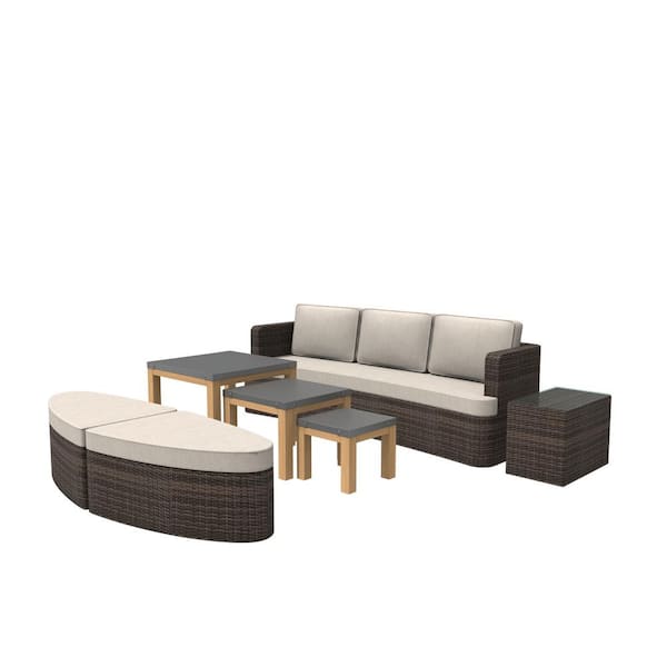 DIRECT WICKER Ethel Brown 7-Piece Wicker Patio Conversation Set Nesting Table with Beige Cushions