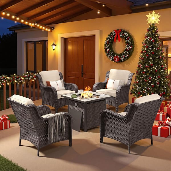 Clario Best 5-Piece PE Wicker Patio Furniture Set with Fire Pit, Beige Cushions for All-Weather for Deck, Backyard