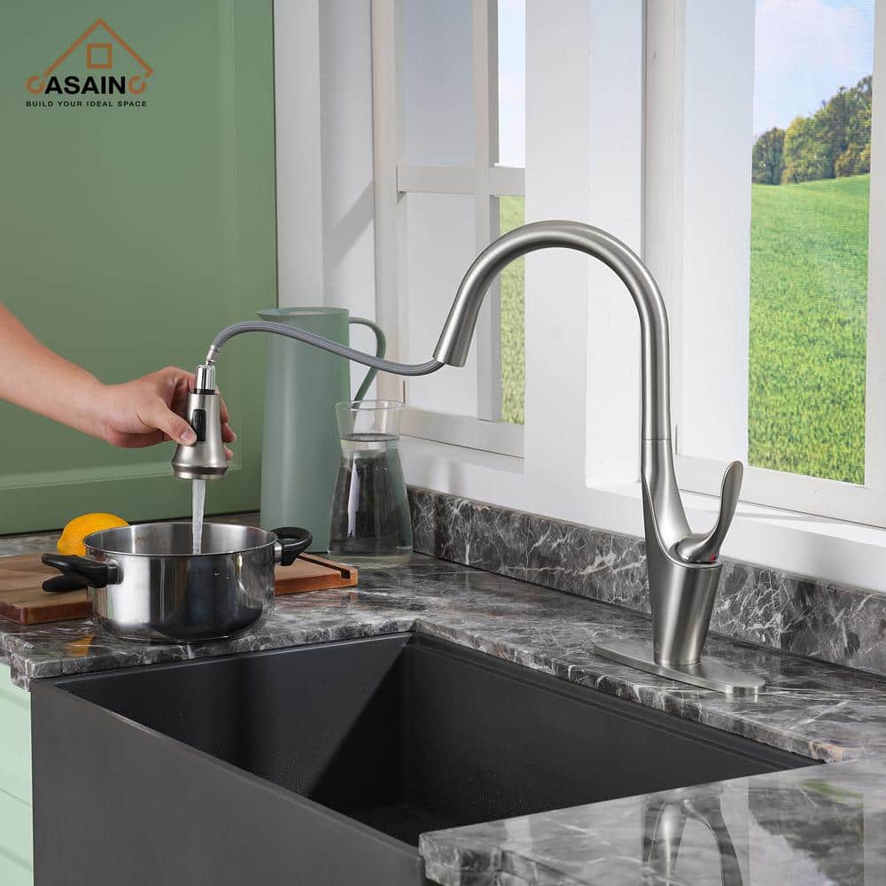 Brushed Nickel Pull-Down Kitchen Faucet with Deck Plate