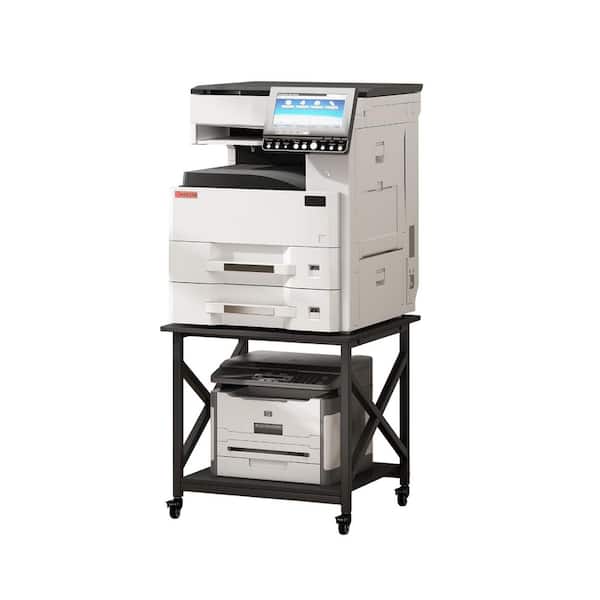 2 Tier Large Square Printer Stand Table 23.6 x 23.6 x 22.6 Inches with Storage Shelf and Wheels Black