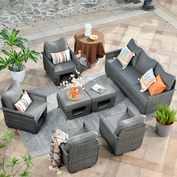 HOOOWOOO Echo Black 7-Piece Wicker Multi-Functional Pet Friendly Outdoor Patio Conversation Sofa Set with Dark Gray Cushions