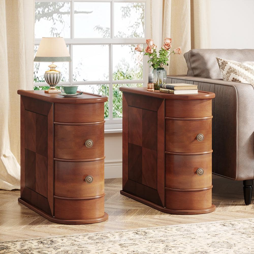 Kerlin 23.6 in. Walnut Rectangular Wood End Table 2-Drawer Narrow Side Table, No Assembly Required, Finished Back - thumbnail 3