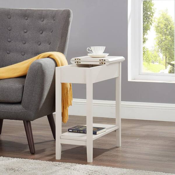 HOMESTOCK Cream Narrow End Table with Storage Flip Top Narrow Side Tables for Small Spaces Slim End Table with Storage Shelf 85538W The Home Depot