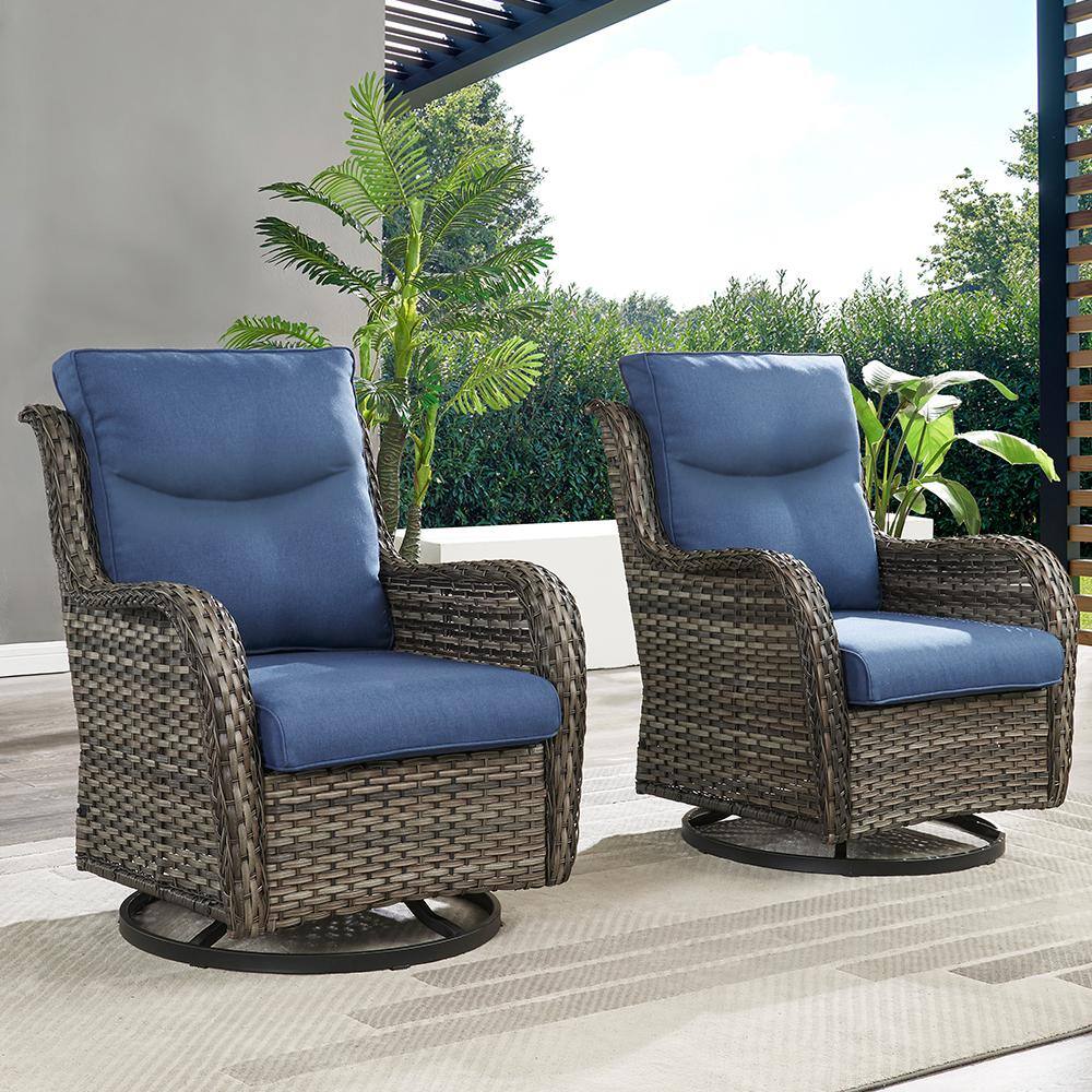 Pocassy Crescent Moon Swivel Wicker Outdoor Rocking Chair with Cushion Guard Blue Cushions (Set 2-Pack)