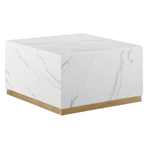 Zhuri 32 in. L Gold Square Faux Marble White Coffee Table in
