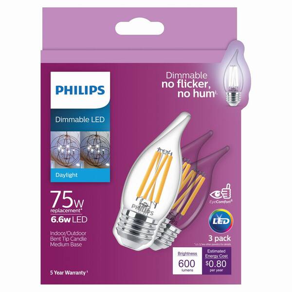 Philips 75-Watt Equivalent BA11 Dimmable Edison Glass LED Candle Light Bulb Bent Tip Medium Base Daylight (5000K) (6-Pack)