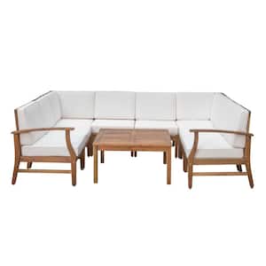 Perla Teak Finish 9-Piece Wood Outdoor Sectional Set with Cream Cushions