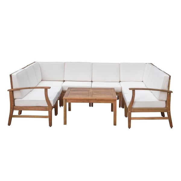 Perla Teak Finish 9-Piece Wood Outdoor Patio Sectional Set with Cream Cushions