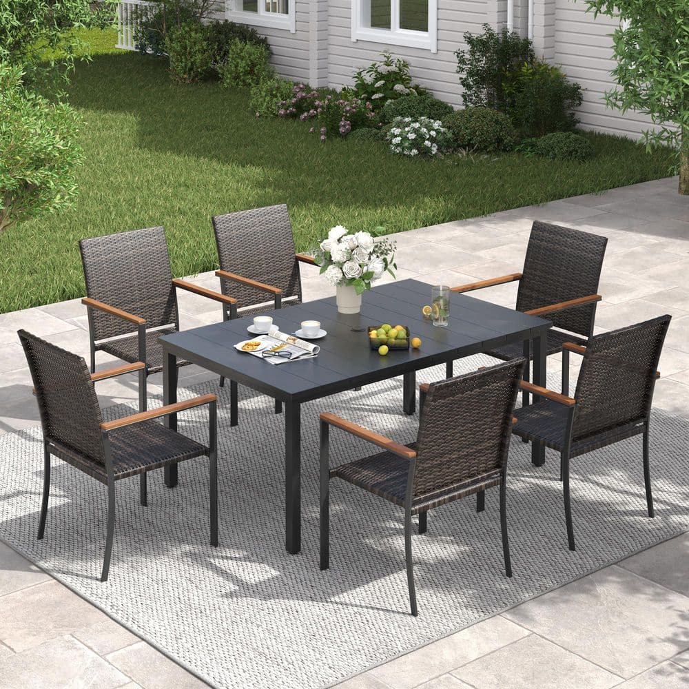 7-Piece Metal Outdoor Dining Set with 63 in. Black Rectangular Dining Table and 6 Brown Wicker Stackable Dining Chairs