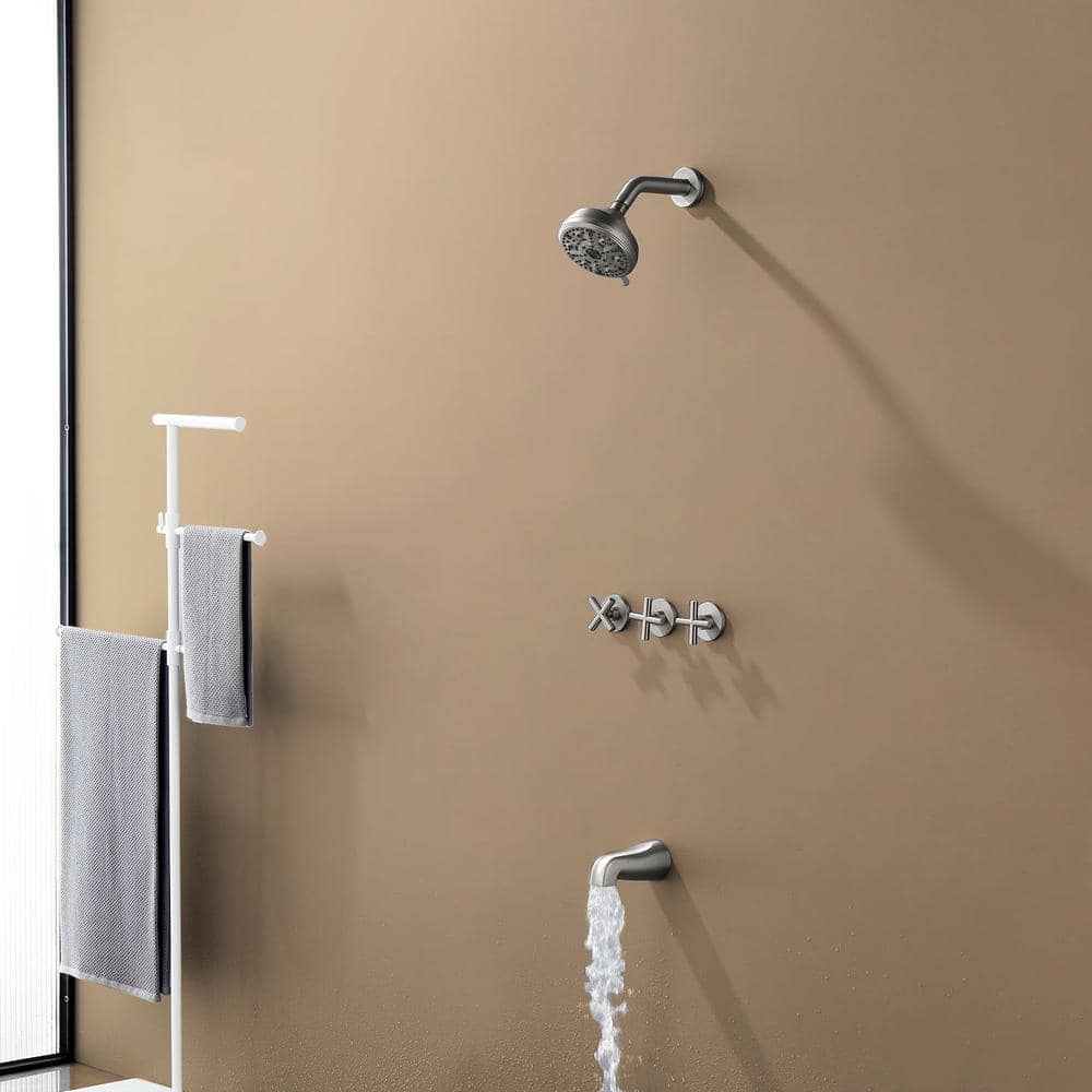 Brushed Nickel Triple Handle Wall Mounted Shower Faucet Set