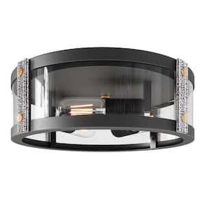 13 in. 3-Light Industrial Black Flush Mount Modern Ceiling Lighting Fixture with Clear Glass Shade