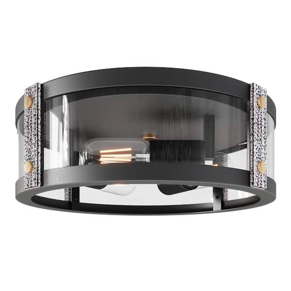 aiwen 13 in. 3-Light Industrial Black Flush Mount Modern Ceiling Lighting Fixture with Clear Glass Shade