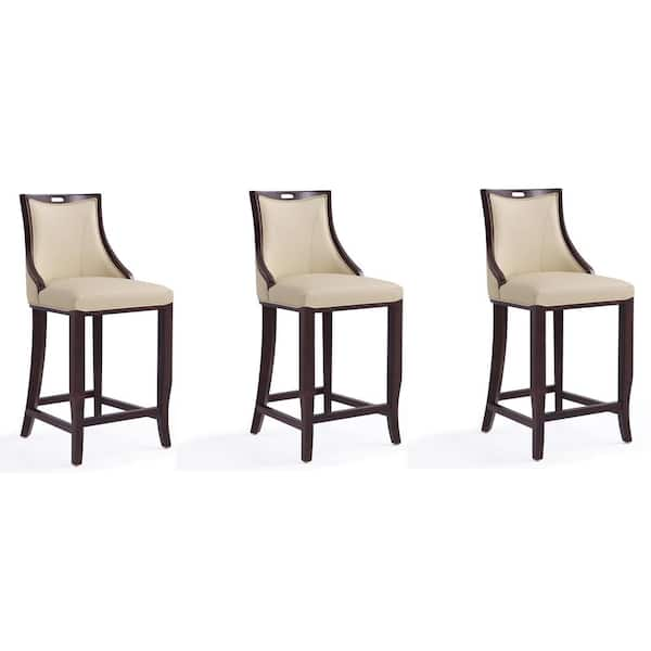 Emperor 27 in. Cream and Walnut Beech Wood Bar Stool with Faux Leather Upholstered Seat (Set of 3)