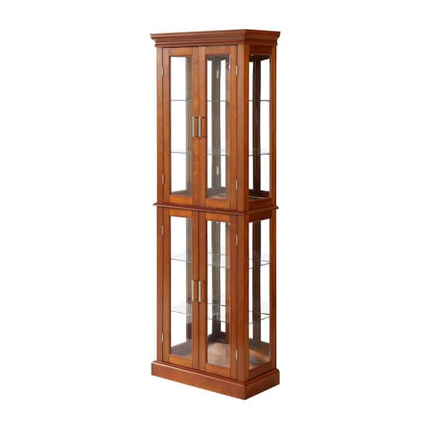 XUJMK 24 in. W x 12 in. D x 70 in. H Brown Linen Cabinet Curio Cabinet Lighted with Adjustable Shelves and Mirrored Back Panel