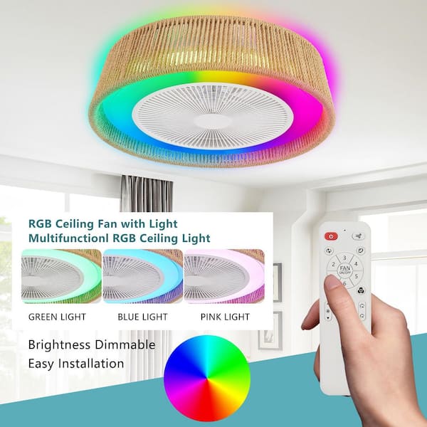 21 in. Brown Modern Rustic Indoor Ceiling Fan Light with LED RGB Mood Lighting, Rope Woven Design, Quiet Fan