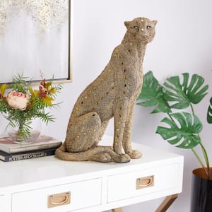 Gold Polystone Encrusted Beading Leopard Sculpture with Diamond Shaped Mirrored Accent