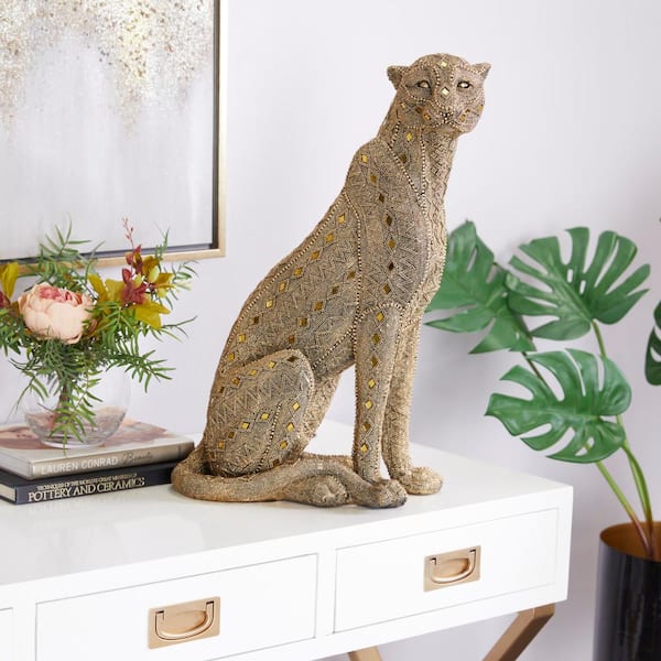 CosmoLiving by Cosmopolitan Gold Polystone Encrusted Beading Leopard Sculpture with Diamond Shaped Mirrored Accent