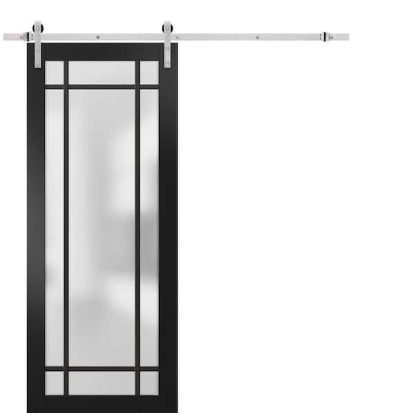 Assembly Required 42 in. x 84 in. 1-Panel Frosted Glass Black Matte Solid Wood Sliding Barn Door with Hardware Kit