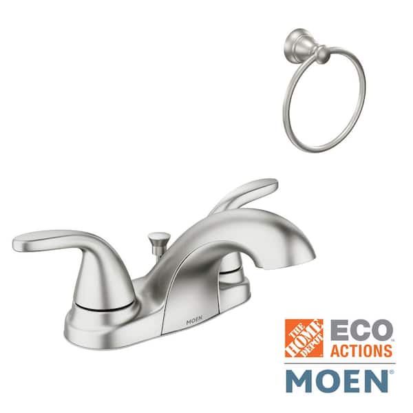 MOEN Adler 4 in. Centerset 2-Handle Bathroom Faucet Combo Kit with Towel Ring in Spot Resist Brushed Nickel