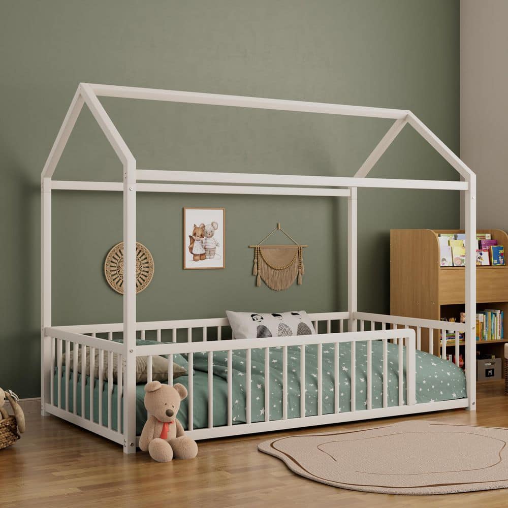 White Twin Size Montessori Style Metal Floor Bed Frame with Safety Guardrails for Kids and Toddlers