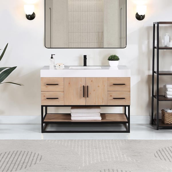 Altair Bianco 48D in. W x 22 in. D x 34 in. H Single Sink Bath Vanity in Light Brown with White Composite Stone Top