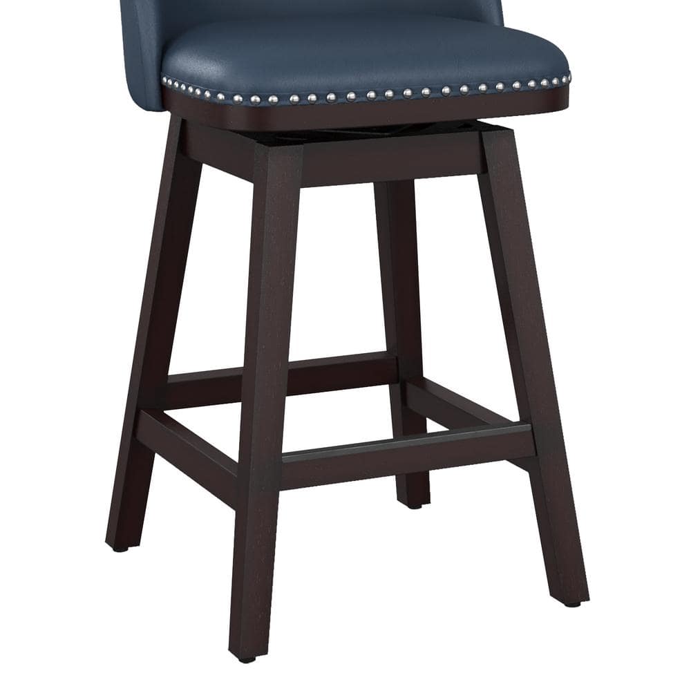 Navy Blue Wood Frame Swivel Counter Stools with Faux Leather, Set of 2