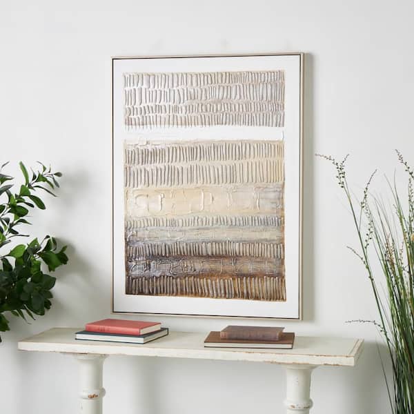1-Panel Abstract Earth Tones Textured Framed Wall Art Print with Brushed Cream Strokes and Brass Frame 40 in. x 30 in.