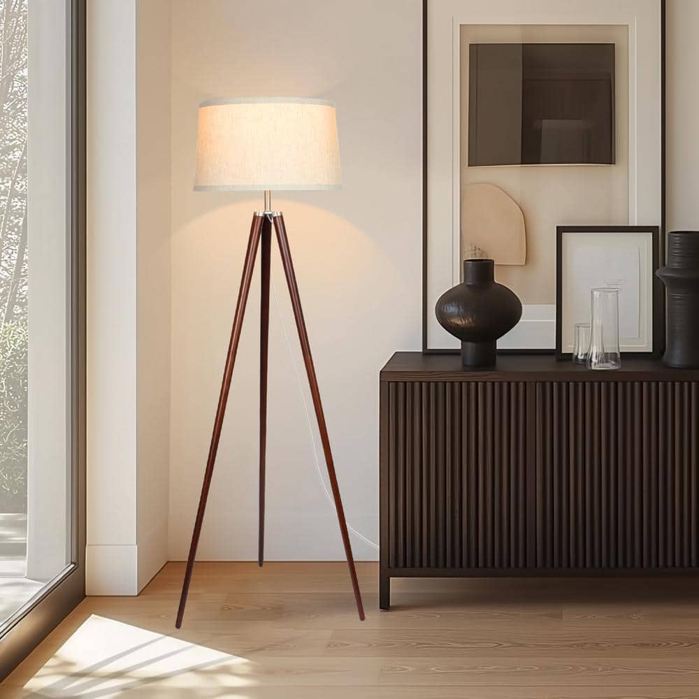Walnut Brown Tripod Floor Lamp with White Fabric Shade