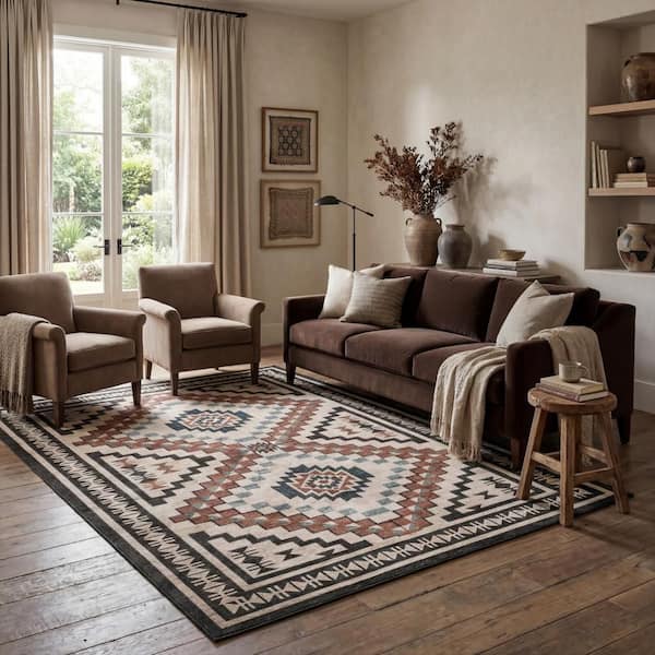 Calli SplashGuard Southwestern Machine Washable Area Beige 6 ft. x 6 ft. Indoor Square Rug