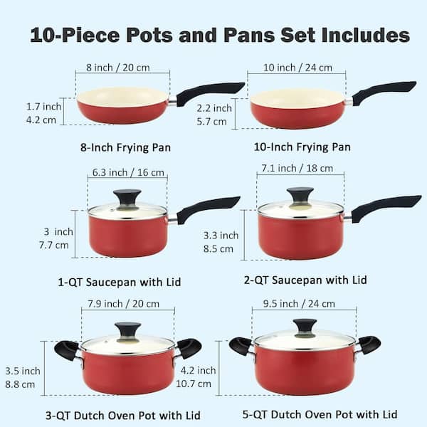 Cook N Home 10 Piece Nonstick Ceramic Coating Cookware Set, Red
