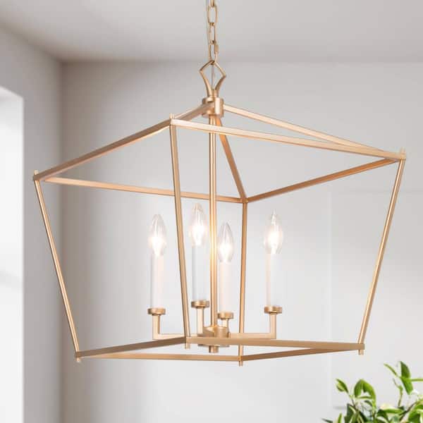 17.5 in. W Gold Chandelier Modern Candlestick Island 4-Light Lantern Cage Linear Geometric Pendant Chandelier